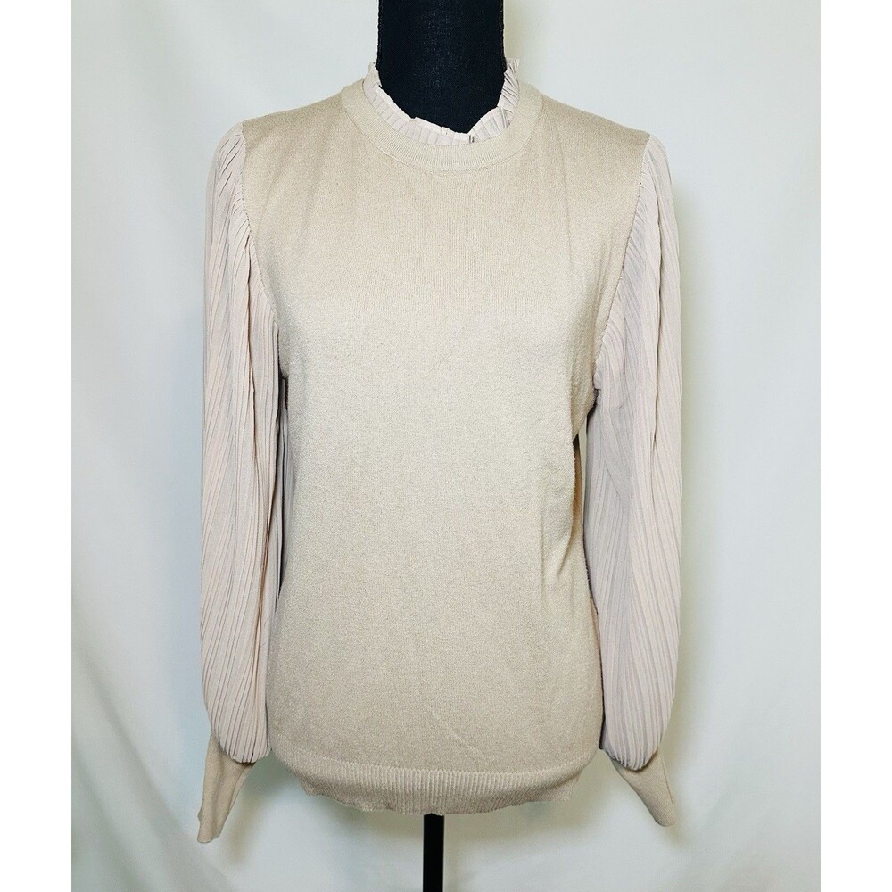Giani Milano Tan Sheer‎ Pleated Chiffon Sleeves Long Sleeve Sweater Women's MED